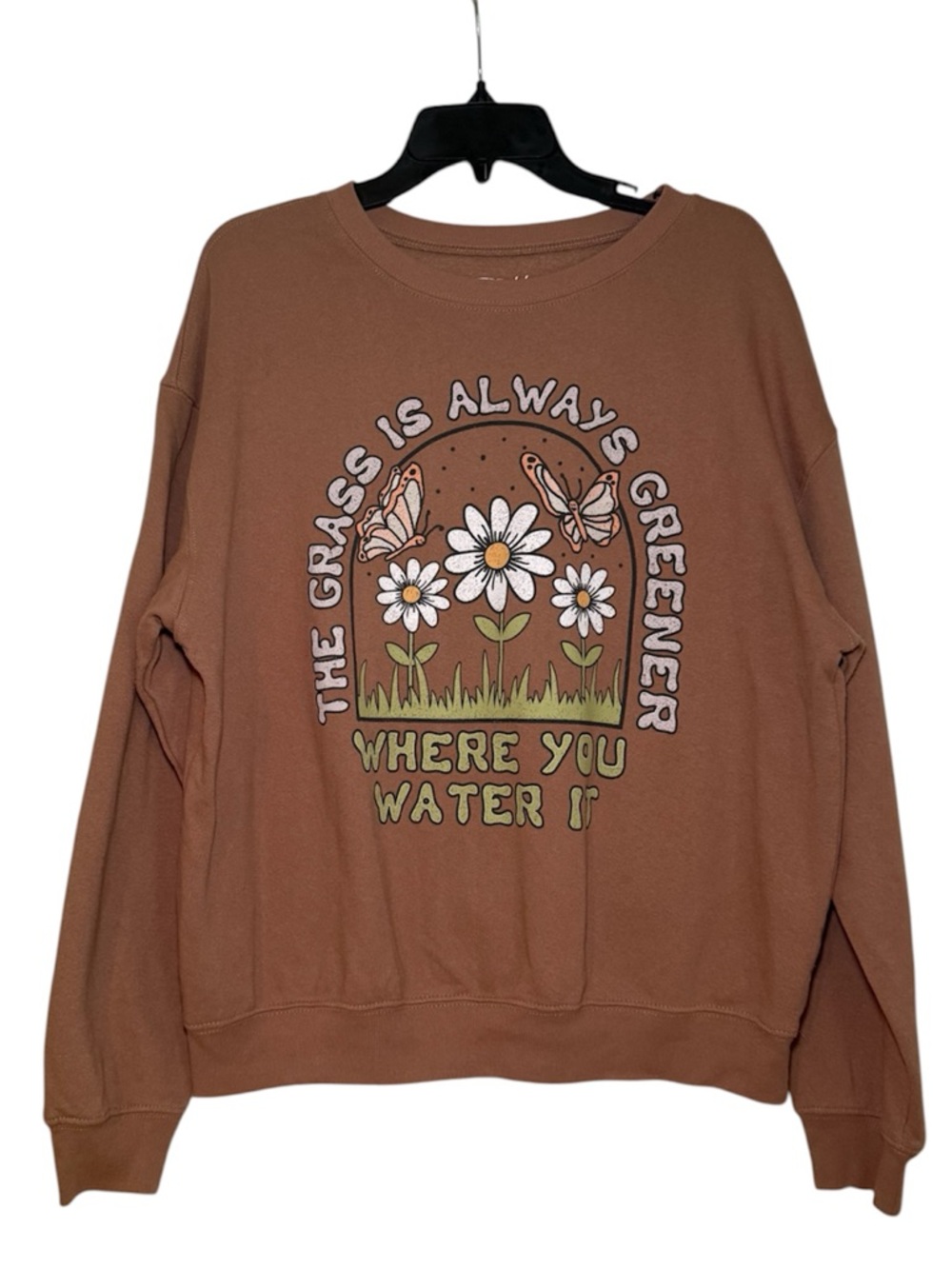 Cold Crush Brown Graphic Crewneck Sweatshirt with Daisy & Butterfly Art